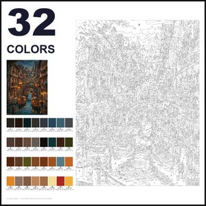 May include: A paint-by-numbers kit featuring a numbered outline of a canal scene with boats and buildings. The set includes a small color reference image, a grid of 32 distinct color swatches with hex codes, and the text 32 COLORS.