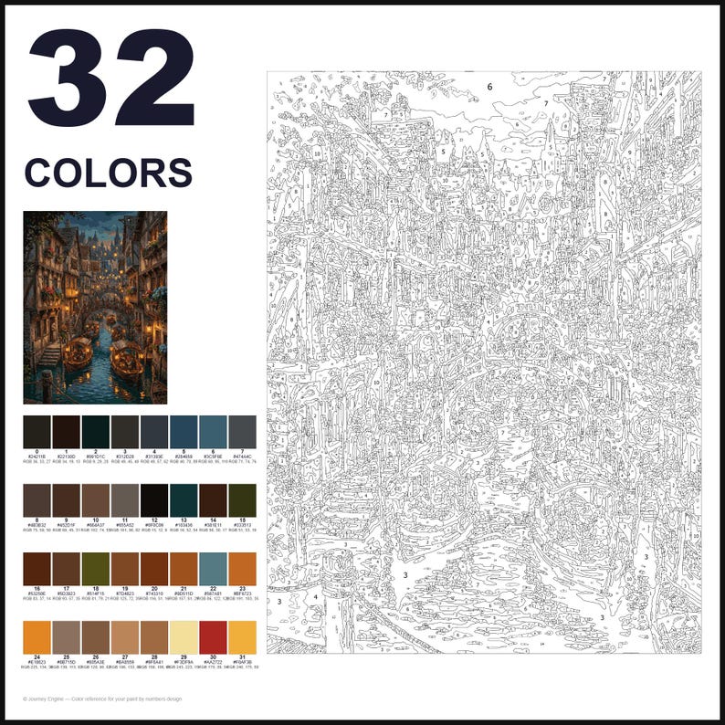 May include: A paint-by-numbers kit featuring a numbered outline of a canal scene with boats and buildings. The set includes a small color reference image, a grid of 32 distinct color swatches with hex codes, and the text 32 COLORS.