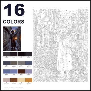 May include: A paint-by-numbers kit featuring a plague doctor in a cobblestone alleyway. The design includes 16 numbered color swatches with RGB values, a small reference image of the finished scene, and a large outlined canvas with numbered sections.