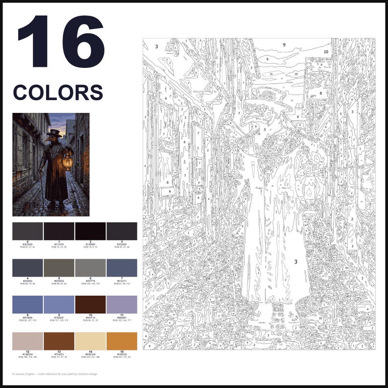 May include: A paint-by-numbers kit featuring a plague doctor in a cobblestone alleyway. The design includes 16 numbered color swatches with RGB values, a small reference image of the finished scene, and a large outlined canvas with numbered sections.