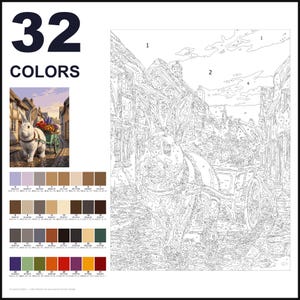 May include: A paint-by-numbers kit featuring a large rabbit pulling a small cart filled with flowers through a cobblestone village street. The set includes a numbered outline canvas, a reference image, and a palette of 32 distinct paint colors.