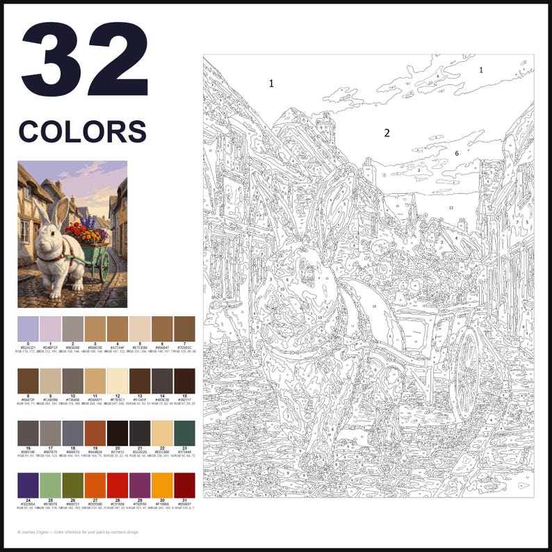 May include: A paint-by-numbers kit featuring a large rabbit pulling a small cart filled with flowers through a cobblestone village street. The set includes a numbered outline canvas, a reference image, and a palette of 32 distinct paint colors.