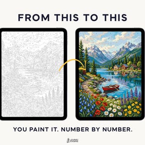 Pu&ograve; includere: Due tablet che mostrano un paesaggio da dipingere con i numeri. Il tablet a sinistra mostra un disegno al tratto in scala di grigi con sezioni numerate. Il tablet a destra mostra il dipinto colorato finito di montagne, un lago, una barca rossa e fiori. Testo: FROM THIS TO THIS. YOU PAINT IT. NUMBER BY NUMBER.