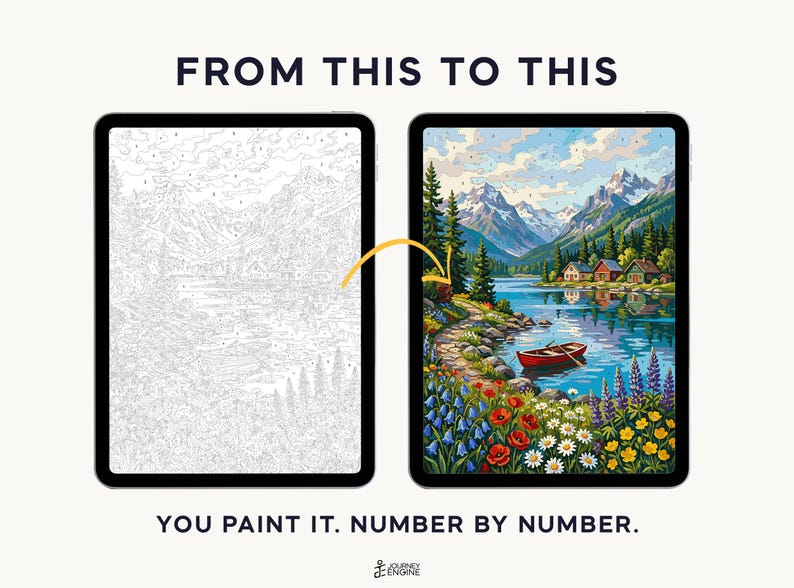 Pu&ograve; includere: Due tablet che mostrano un paesaggio da dipingere con i numeri. Il tablet a sinistra mostra un disegno al tratto in scala di grigi con sezioni numerate. Il tablet a destra mostra il dipinto colorato finito di montagne, un lago, una barca rossa e fiori. Testo: FROM THIS TO THIS. YOU PAINT IT. NUMBER BY NUMBER.