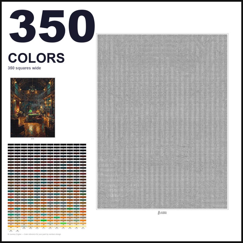 May include: A paint-by-numbers design template featuring a large grid of 350 colors, a small reference image of a dark, ornate library interior with a green pool table, and a large blank canvas area marked as 350 squares wide for the project.