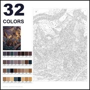 May include: A paint-by-numbers kit featuring 32 colors with a reference image of a ship attacked by a sea monster. The kit includes a large numbered outline canvas and a color palette grid with hex codes and RGB values for each of the 32 numbered sections.