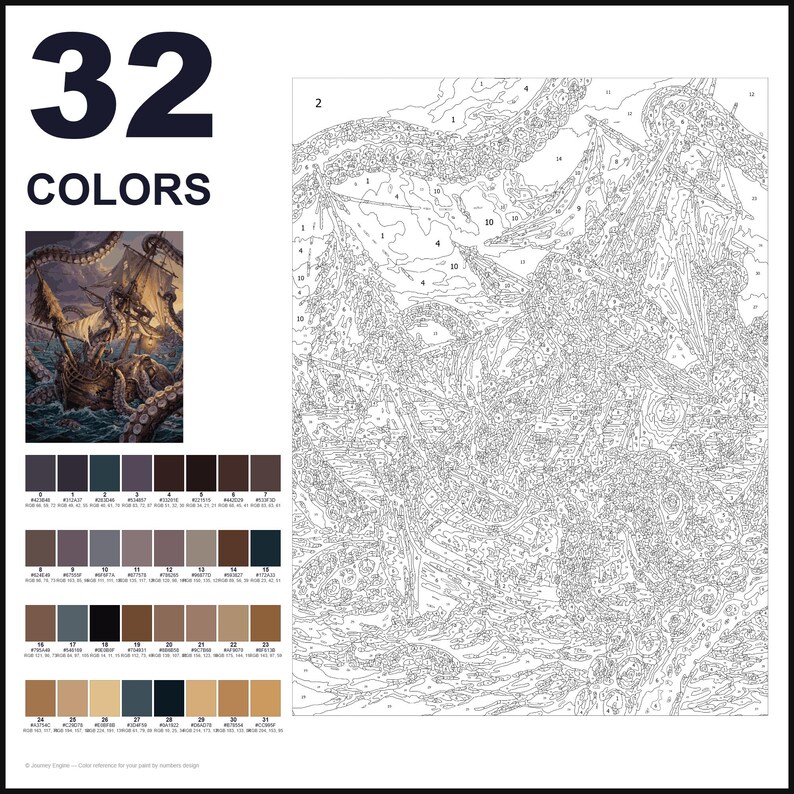 May include: A paint-by-numbers kit featuring 32 colors with a reference image of a ship attacked by a sea monster. The kit includes a large numbered outline canvas and a color palette grid with hex codes and RGB values for each of the 32 numbered sections.