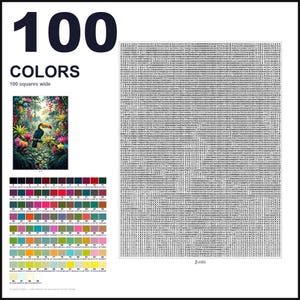 May include: A paint-by-numbers kit featuring a toucan in a tropical jungle. The layout includes a large grid of numbers, a color reference chart with 100 distinct shades labeled 0-99, and a small preview image of the final colorful artwork.
