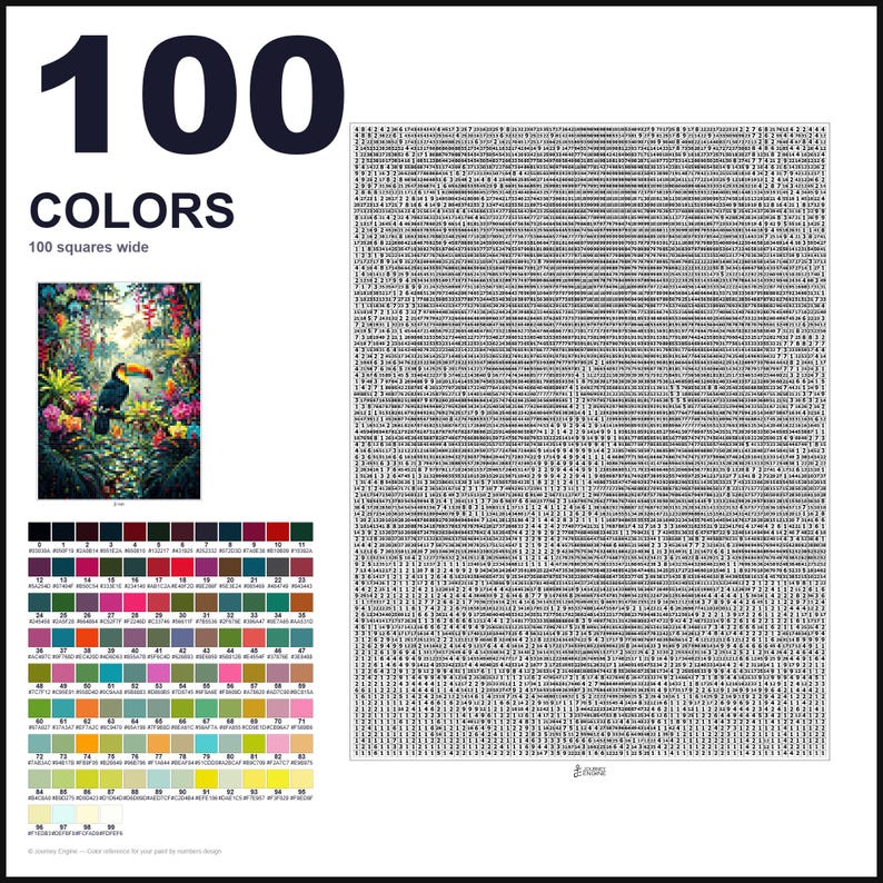 May include: A paint-by-numbers kit featuring a toucan in a tropical jungle. The layout includes a large grid of numbers, a color reference chart with 100 distinct shades labeled 0-99, and a small preview image of the final colorful artwork.