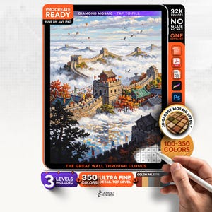 May include: A digital diamond mosaic art kit for Procreate featuring a detailed illustration of the Great Wall of China winding through clouds. The interface displays 92K squares, 350 colors, and a 3D glossy effect. A white stylus is shown in the foreground.