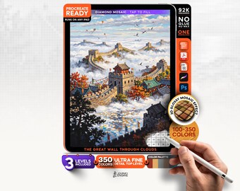 Digital Diamond Painting, Mystery Mosaic iPad, The Great Wall Through Clouds, China Procreate Art, 3 Levels, 92K Squares, Instant Download
