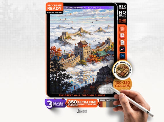 The Great Wall digital diamond painting mystery mosaic for iPad, Through the Clouds, China