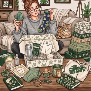 May include: An illustration of a person sitting on a sofa holding a cactus and a blue sock with owl patterns. An open gift box contains a water bottle, lotion, a necklace, and a bath bomb. A table holds a candle, face mask, mug, and books.