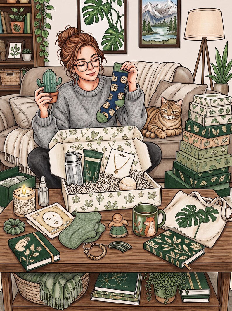 May include: An illustration of a person sitting on a sofa holding a cactus and a blue sock with owl patterns. An open gift box contains a water bottle, lotion, a necklace, and a bath bomb. A table holds a candle, face mask, mug, and books.
