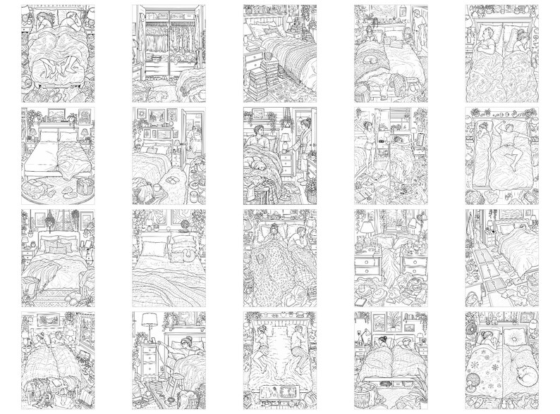 Libro para colorear "El lateral de la cama" / Páginas para colorear divertidas para adultos sobre parejas / 40 escenas de humor sobre relaciones / Regalo de boda / Descarga imprimible imagen 5