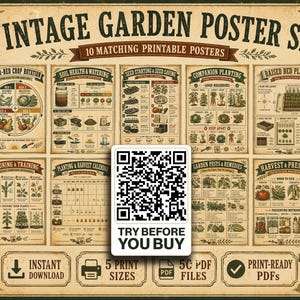 Könnte beinhalten: Ein Set aus zehn Gartenpostern im Vintage-Stil mit anschaulichen Diagrammen zu Fruchtfolge, Bodengesundheit, Aussaat, Mischkultur, Hochbeetplanung, Rückschnitt, Pflanzkalendern, Schädlingsbekämpfung und Ernteaufbewahrung.