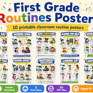 Posters met routines voor de eerste klas | Procedures en management voor groep 1 | Visuele planning als wanddecoratie | Direct te downloaden en af te drukken