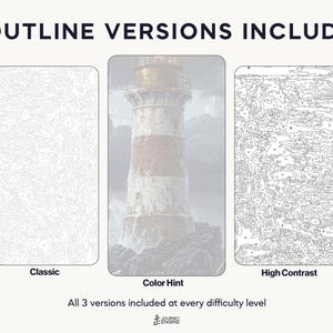 May include: Three paint-by-number templates labeled 3 OUTLINE VERSIONS INCLUDED. The left is a Classic light gray outline, the center is a Color Hint lighthouse image, and the right is a High Contrast black outline. Text reads Journey Engine.