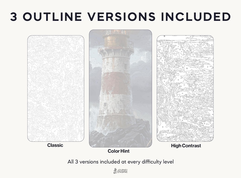 May include: Three paint-by-number templates labeled 3 OUTLINE VERSIONS INCLUDED. The left is a Classic light gray outline, the center is a Color Hint lighthouse image, and the right is a High Contrast black outline. Text reads Journey Engine.