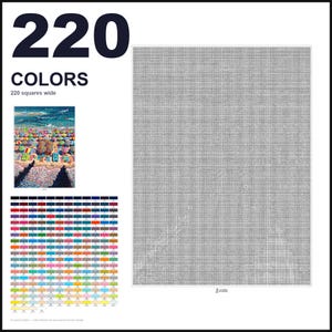 May include: A paint-by-numbers pattern featuring a beach scene with colorful umbrellas and lounge chairs. The design includes a grid of 220 colors, a reference image, and a large gray-scale canvas area that is 220 squares wide for painting.