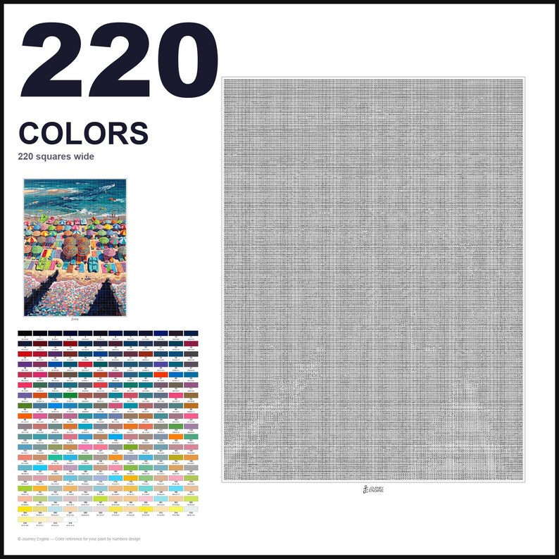May include: A paint-by-numbers pattern featuring a beach scene with colorful umbrellas and lounge chairs. The design includes a grid of 220 colors, a reference image, and a large gray-scale canvas area that is 220 squares wide for painting.