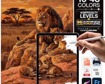 Lion Paint by Numbers Digital | 5 Levels 16-96 Colors | Svg Pdf Png Procreate | African Lion Pride Savanna Sunset Printable Wall Art