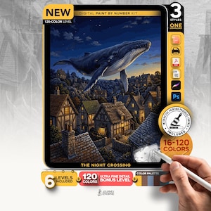 May include: A digital paint by number kit titled The Night Crossing featuring a whale flying over a village at night. The kit includes 120 colors, 6 levels, 3 styles, and an interactive painting progress tracker with a color palette and stylus.