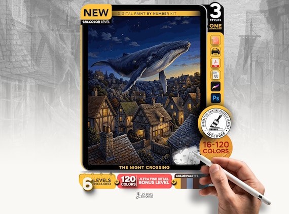 Flying Whale paint by numbers digital kit, Surreal Night Sky Village Art