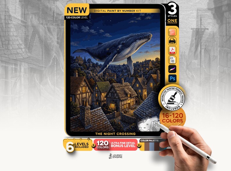 May include: A digital paint by number kit titled The Night Crossing featuring a whale flying over a village at night. The kit includes 120 colors, 6 levels, 3 styles, and an interactive painting progress tracker with a color palette and stylus.