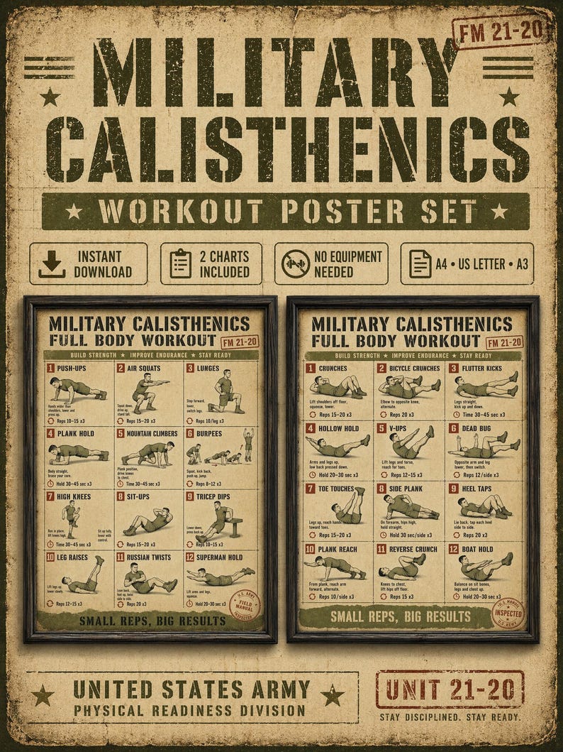 Puede incluir: Un conjunto de dos p&oacute;steres de entrenamiento de calistenia militar de estilo vintage con fondo beige y texto verde oscuro. Cada p&oacute;ster presenta doce ilustraciones numeradas de ejercicios con instrucciones, repeticiones y series para un entrenamiento.