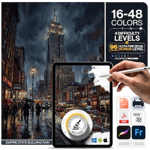 New York Malen nach Zahlen (digital) | 4 Schwierigkeitsstufen, 16–48 Farben | SVG, PDF, PNG | Manhattan Skyline, Brooklyn Bridge, NYC Wandbild