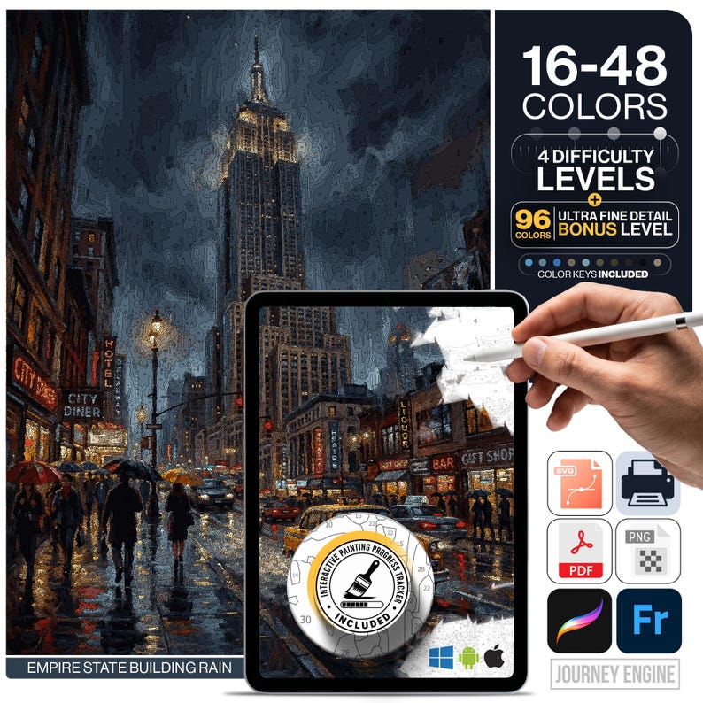 May include: A digital paint-by-number kit featuring a rainy New York City street scene with the Empire State Building. The kit includes 16-48 colours, 4 difficulty levels, a 96-colour bonus level, and an interactive painting progress tracker.