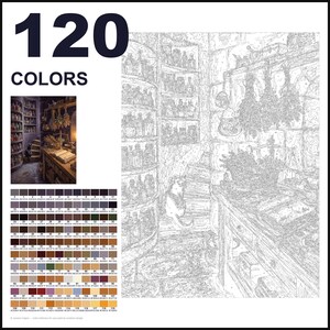 May include: A paint-by-numbers kit featuring 120 colors and a detailed line drawing of an apothecary interior with shelves of bottles, hanging herbs, a scale, and a cat. The set includes a small color reference image and a numbered palette.