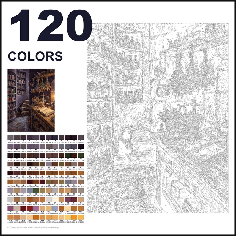 May include: A paint-by-numbers kit featuring 120 colors and a detailed line drawing of an apothecary interior with shelves of bottles, hanging herbs, a scale, and a cat. The set includes a small color reference image and a numbered palette.