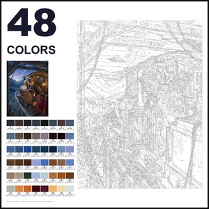 May include: A paint-by-numbers kit featuring a train on a bridge, with a finished reference image, a numbered outline canvas, and a palette of 48 colors labeled with hex codes and RGB values for a detailed landscape scene.