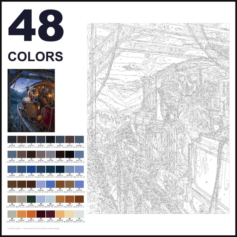 May include: A paint-by-numbers kit featuring a train on a bridge, with a finished reference image, a numbered outline canvas, and a palette of 48 colors labeled with hex codes and RGB values for a detailed landscape scene.