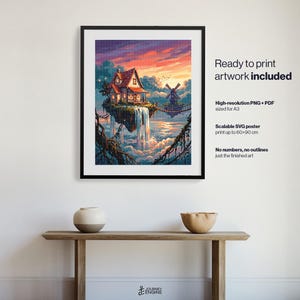 May include: A framed digital art print featuring a house on a floating island with a waterfall, a windmill, and a sunset sky. Text on the right reads: Ready to print artwork included, High-resolution PNG + PDF sized for A3, Scalable SVG poster.