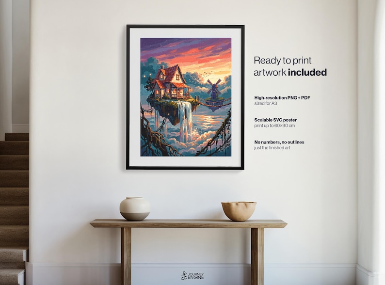 May include: A framed digital art print featuring a house on a floating island with a waterfall, a windmill, and a sunset sky. Text on the right reads: Ready to print artwork included, High-resolution PNG + PDF sized for A3, Scalable SVG poster.