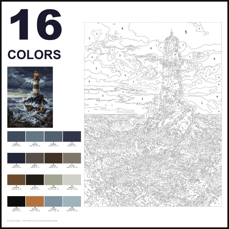 May include: A paint-by-numbers kit featuring a lighthouse scene with 16 colors. The image includes a finished reference picture, a numbered color palette with RGB codes, and a large outline canvas with numbered sections for a lighthouse and sea.