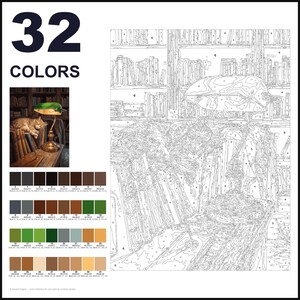 May include: A paint-by-numbers kit featuring 32 colors and a numbered outline of a library scene with a cat sleeping near a desk lamp. The kit includes a small reference image showing the finished scene and a grid of 32 distinct color swatches.