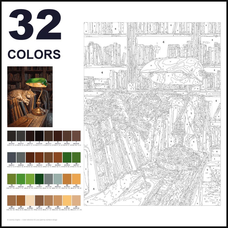 May include: A paint-by-numbers kit featuring 32 colors and a numbered outline of a library scene with a cat sleeping near a desk lamp. The kit includes a small reference image showing the finished scene and a grid of 32 distinct color swatches.