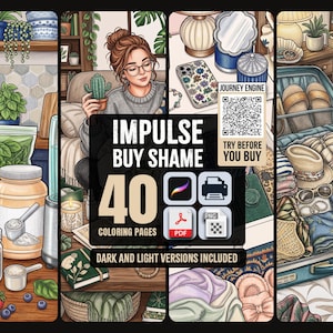 May include: A digital collection of 40 colouring pages titled Impulse Buy Shame, featuring illustrations of a person with a cactus, kitchen items, a packed suitcase, and various household objects. Includes file formats for Procreate, PDF, and PNG.