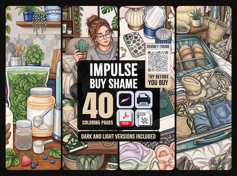 May include: A digital collection of 40 colouring pages titled Impulse Buy Shame, featuring illustrations of a person with a cactus, kitchen items, a packed suitcase, and various household objects. Includes file formats for Procreate, PDF, and PNG.