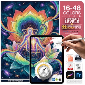 May include: A digital painting kit titled The Chakra Lotus featuring a colorful lotus flower and human silhouette against a galaxy background. The interface displays 16-48 colors, 4 difficulty levels, a 96 color bonus level, and an interactive tracker.