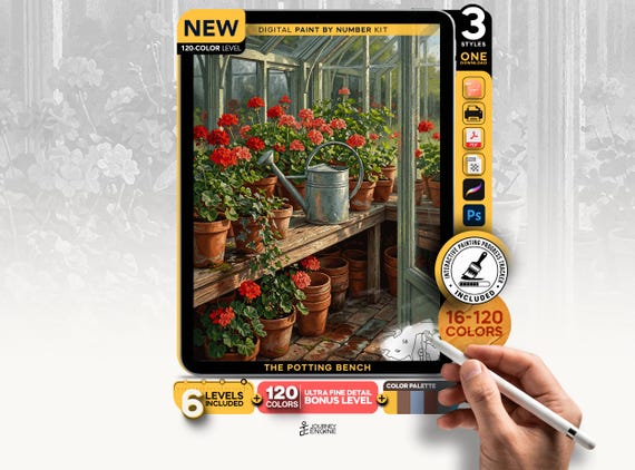 Greenhouse Geraniums paint by numbers digital kit, Potting Shed Garden Art