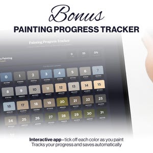 May include: A digital painting progress tracker displayed on a tablet screen. The interface features a grid of numbered color squares with hex codes, a progress percentage, and the text Bonus PAINTING PROGRESS TRACKER and Interactive app.