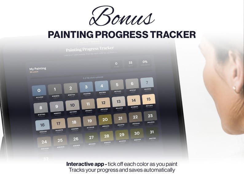 May include: A digital painting progress tracker displayed on a tablet screen. The interface features a grid of numbered color squares with hex codes, a progress percentage, and the text Bonus PAINTING PROGRESS TRACKER and Interactive app.