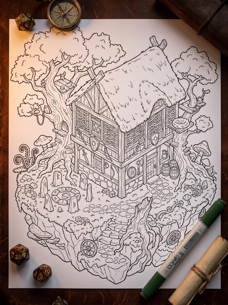 Puede incluir: Ilustraci&oacute;n detallada en blanco y negro de una caba&ntilde;a de fantas&iacute;a ubicada en un &aacute;rbol, con techo de paja, cimientos de piedra y varios detalles medievales. La obra de arte incluye un camino de piedra, setas y un peque&ntilde;o pozo.