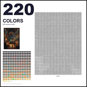 May include: A paint-by-numbers canvas featuring a grid of 220 squares wide, accompanied by a color reference chart with 220 distinct color swatches and a small thumbnail image of a dark, atmospheric library interior with warm lighting.