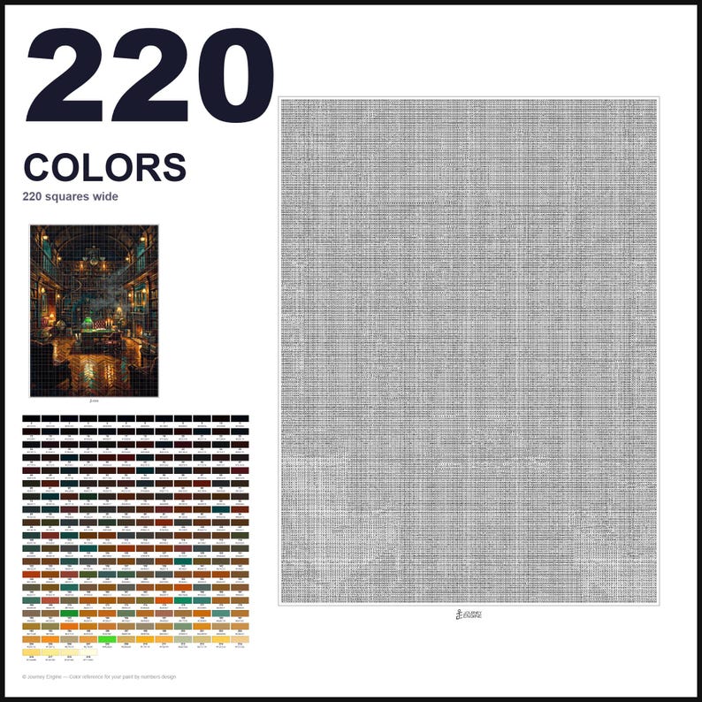 May include: A paint-by-numbers canvas featuring a grid of 220 squares wide, accompanied by a color reference chart with 220 distinct color swatches and a small thumbnail image of a dark, atmospheric library interior with warm lighting.